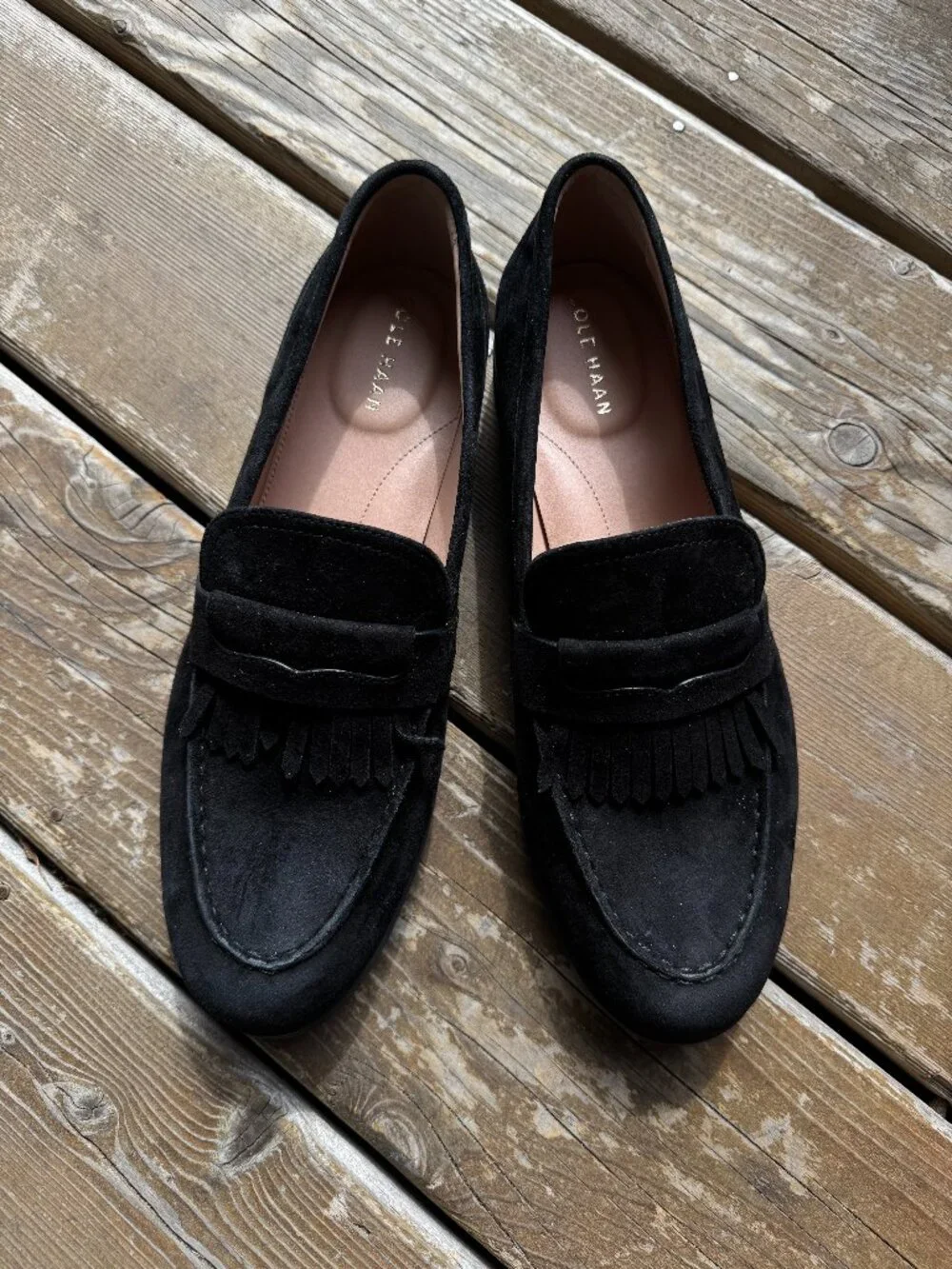Cole Haan Black Nubuck Stassi Kiltie Fringe Slip On Loafer in Women's 10B